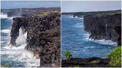 「霍雷海蝕拱門」是屹立於夏威夷大島海岸約550年的玄武岩奇觀。（圖／翻攝夏威夷火山國家公園Facebook）