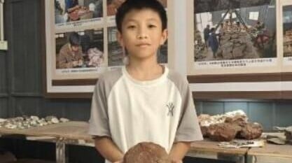 12歲學生陳梓熙在家附近花壇玩耍時發現恐龍蛋。（圖／翻攝廣州日報）