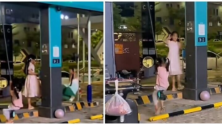 多名女童在廣西南寧一個汽車充電站，把高壓充電槍的電纜當鞦韆擺盪。(影片截圖)
