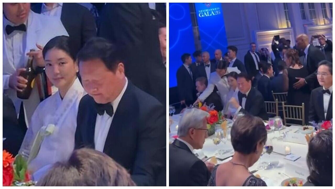 SK會長崔泰源世紀離婚案後首偕情婦亮相，黃仁勲、李在鎔同桌。(IG)