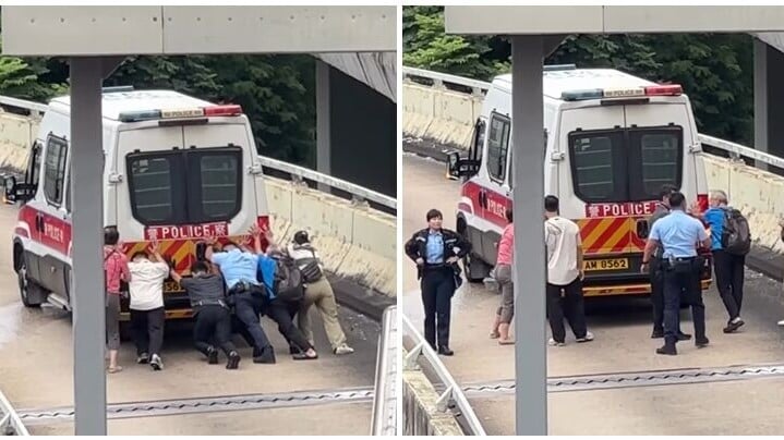 九龍灣一輛警車途經一段上斜天橋路段時突然「死火」，後方巴士受阻未能前行形成車龍。巴士司機及熱心乘客見狀，下車主動上前協助警員推車。(Threads)