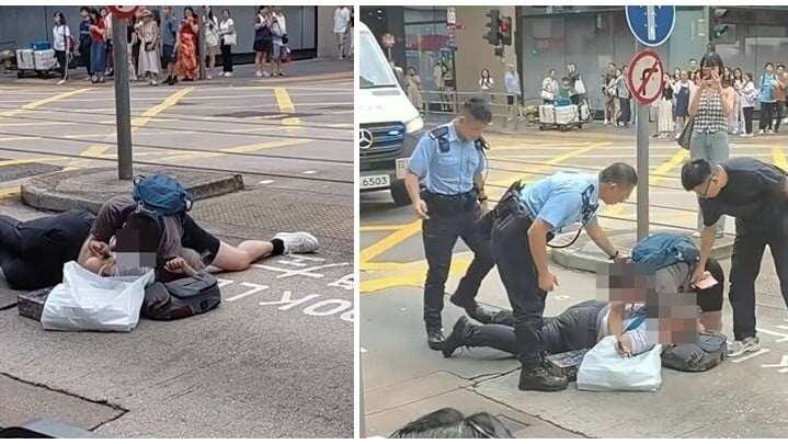 中環周日（4日）發生街頭衝突，兩名中年男子疑於落電車時發生碰撞，繼而口角打鬥，有人被當場壓地制服(影片截圖)