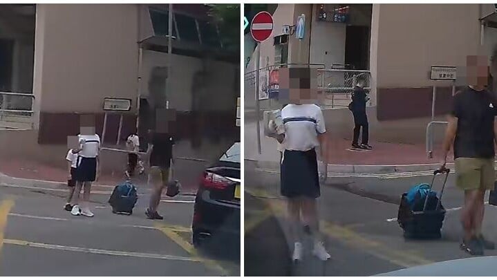 北角有一名疑似父親，帶著兩名穿校服男童亂過馬路直接闖入路中心，當他們發現有車駛近時才停步，幸未釀成意外(車cam L（香港群組）fb)