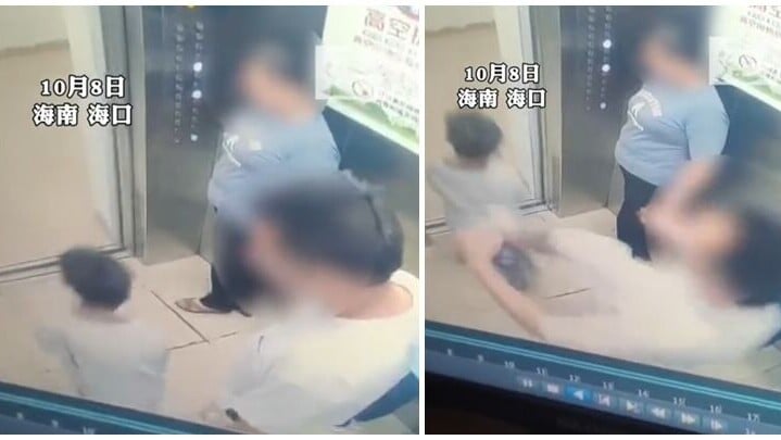 海南海口一名男子在屋苑電梯內，聲稱遭一名不認識的患自閉症男童碰到，乘對方步出電梯時，從後「偷襲」一腳猛伸將男童踢飛。(影片截圖)