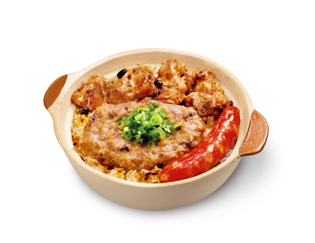 臘腸鱆魚肉餅拼豉汁排骨煲仔飯