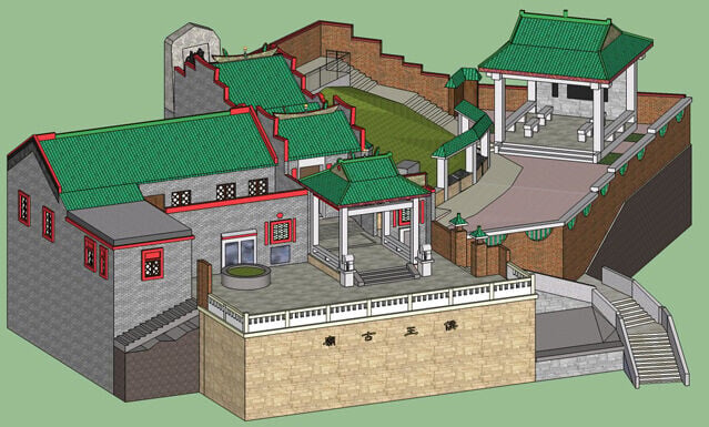 廟宇築於石製高台上,建廟時面向「皇臺」小丘(位於九龍仔公園主運動場內),背靠白鶴山,左望聖山「珓杯石」,右瞻銅鼓山