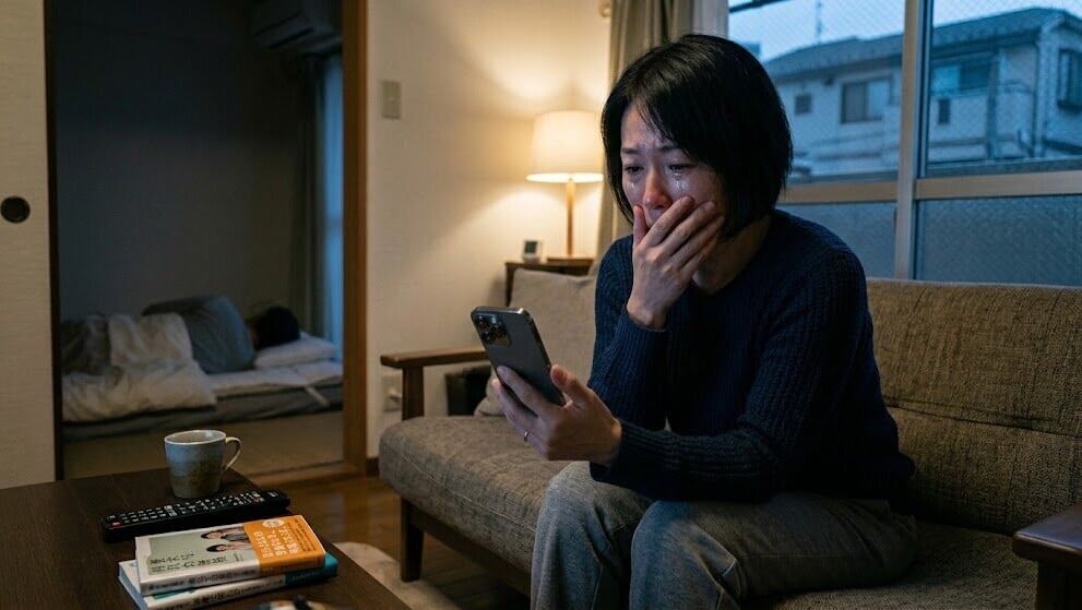 日本一名40多歲中年婦的妹妹，約15年前是知名AV女優，她在丈夫的手機發現妹妹出演的影片。(AI生成照片)