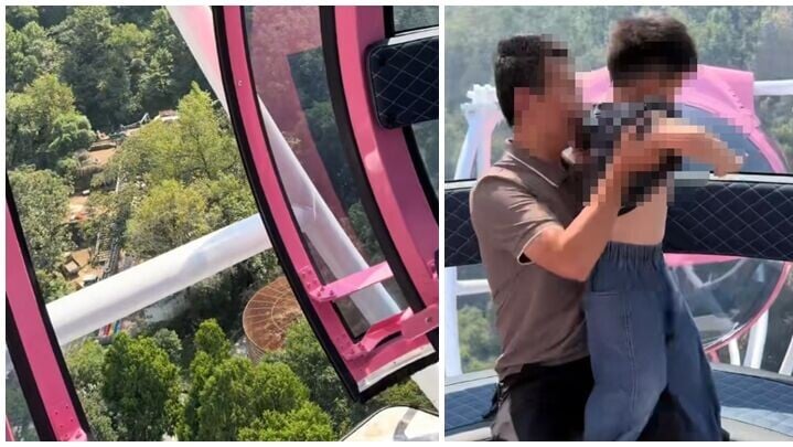 浙江台州九峰景區發生摩天輪事故。一對年輕夫妻帶同幼童乘坐全景透明摩天輪時，工作人員竟忘記關閉艙門，導致一家三口在艙門大開的情況下升上50米高空（影片截圖）