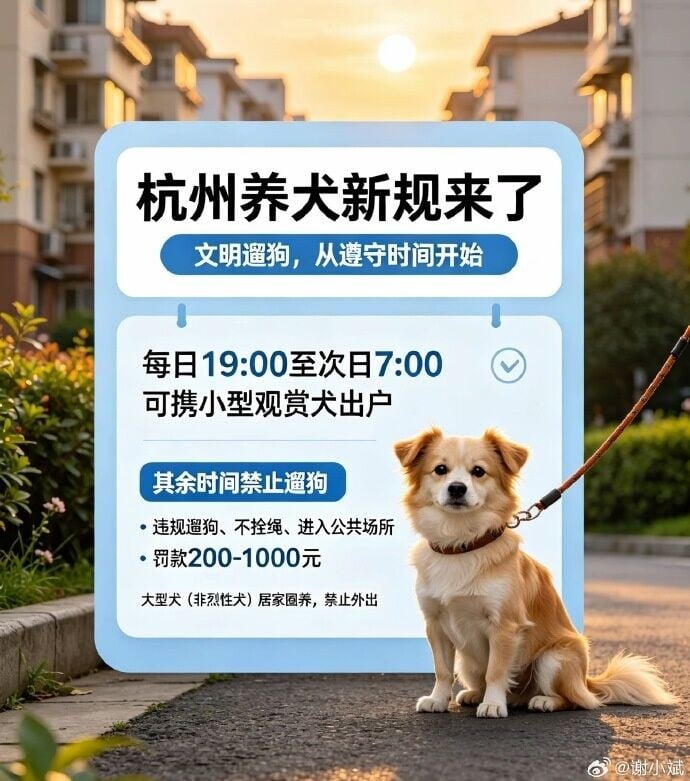 轉發圖文顯示,中國杭州政府明文規定,住在繞城以內、錢塘江以北主城區等「重點限養區」的飼主。(微博)