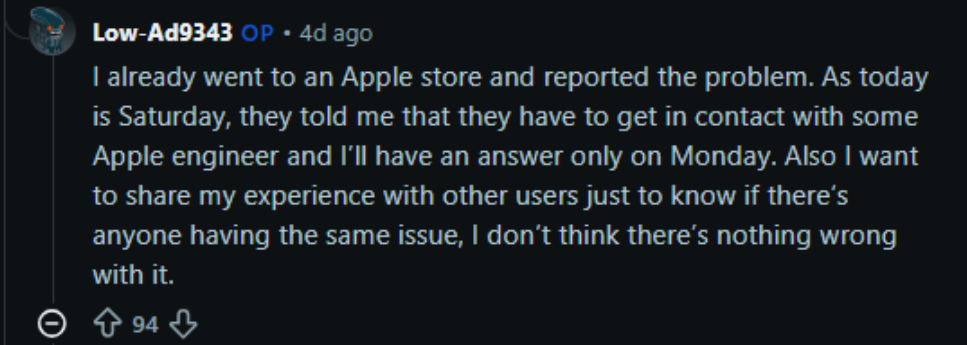 該名用家隨後將手機帶到 Apple Store 求助,店員表示需將個案交由工程人員作進一步了解