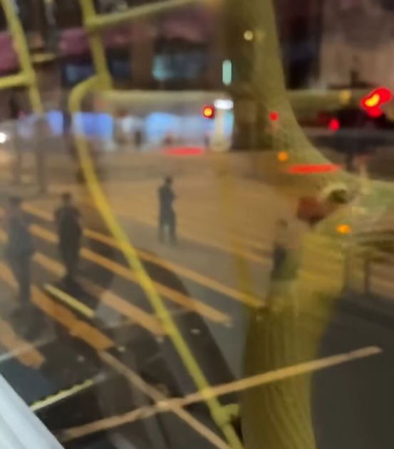 一名男子在晚上的彌敦道行車線上跑出馬路狂奔近百米,疑為會合友人一同拍攝巴士。(Facebook群組「車cam L(香港群組)」)