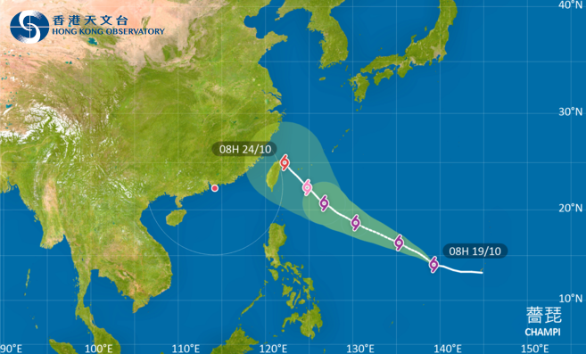薔琵熱帶氣旋位置及路徑圖(香港天文台)