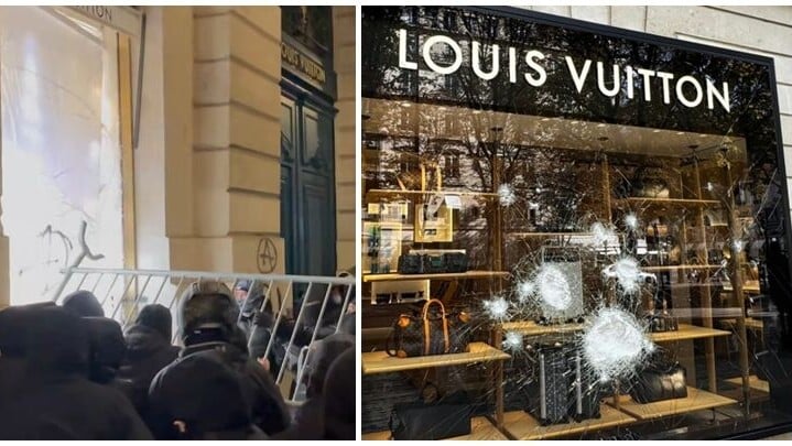 法國示威｜位於巴黎旺多姆廣場的路易威登（Louis Vuitton，LV）旗艦門店遭多名滋事者抬起路障圍欄撞擊櫥窗，雖然令玻璃出現裂紋，惟未被撞穿進入店內(X)