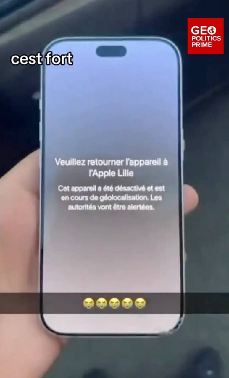 疑似從里爾蘋果門市遭竊的iPhone,螢幕出現安全警告,要求使用者將手機歸還到「Apple Lille」
