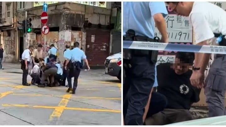 旺角登打士街與新填地街交界的十字路口，一名身穿深色上衣的男子在馬路中央被多名警員按倒在地，其後被帶到路旁調查。其間男子一度情緒激動，警員多次喝止要求他配合，不少途人駐足圍觀。(Threads)