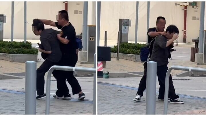 一名姓劉(44歲)男子報案，指他於沙田石門安睦街29號愉德苑對開，見到一輛私家車駛入該屋苑時，疑違規駛上行人路及太過接近他。他遂取出手機拍攝私家車，卻被私家車姓蔡(68歲)男司機發現，對方即時落車襲擊他，並砸毀其手機。(影片截圖)