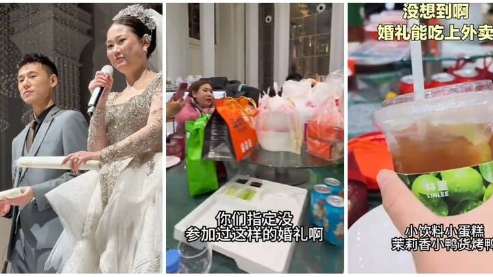 黑龍江省大慶市一對新人在酒店內舉行婚宴，當中數圍端上桌的竟然是多袋奶茶、炸雞等外賣食物（影片截圖）