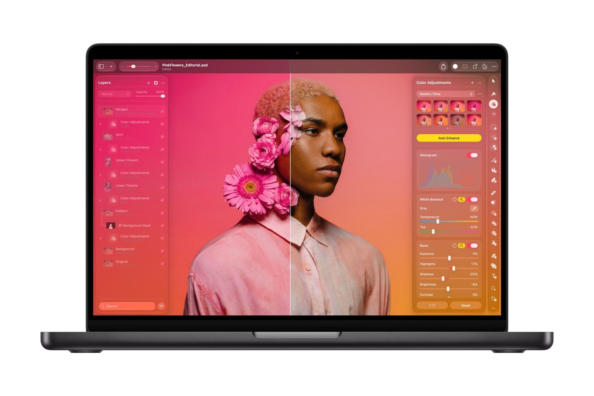 攝影師和設計師可在配備M6 14吋MacBook Pro上,運用如《Pixelmator Pro》等app,實時調整複雜AI影像。