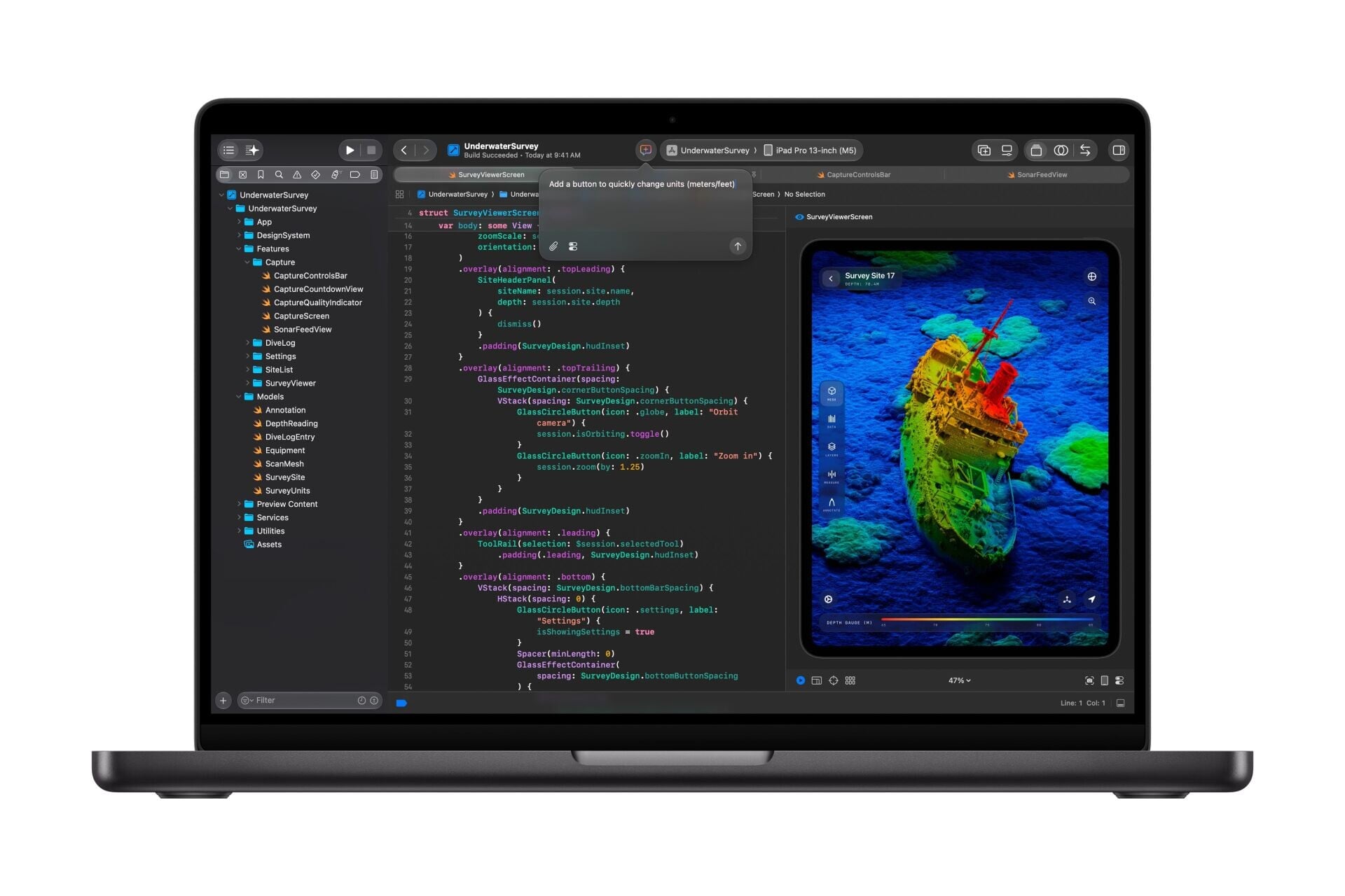 開發人員可在配備M6 14吋MacBook Pro上,運用Xcode以極短編譯時間建構及測試app。