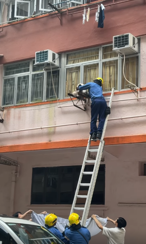 鰂魚涌貓咪被困外牆晾衫架,市民持布築防護網,消防爬梯解困。(Threads)