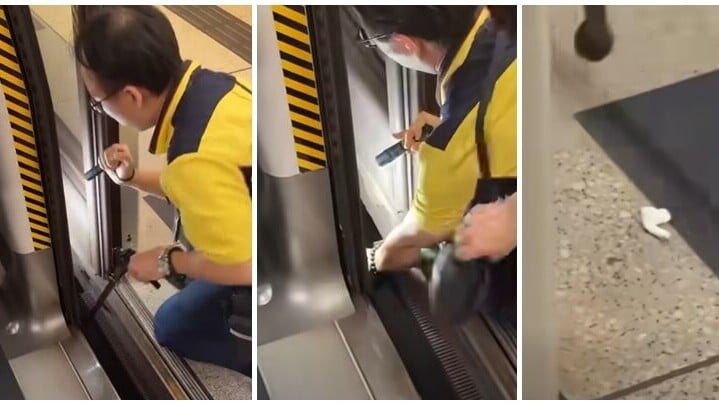 一名港鐵男職員趁列車短暫停站，用萬能夾伸入列車與月台之間的路軌罅隙，不足10秒便成功夾回乘客掉下的一隻蘋果AirPods耳機。(影片截圖)