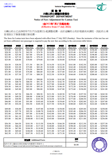全港的士7月17日加價,圖為運輸署發出的新舊車費換算表。