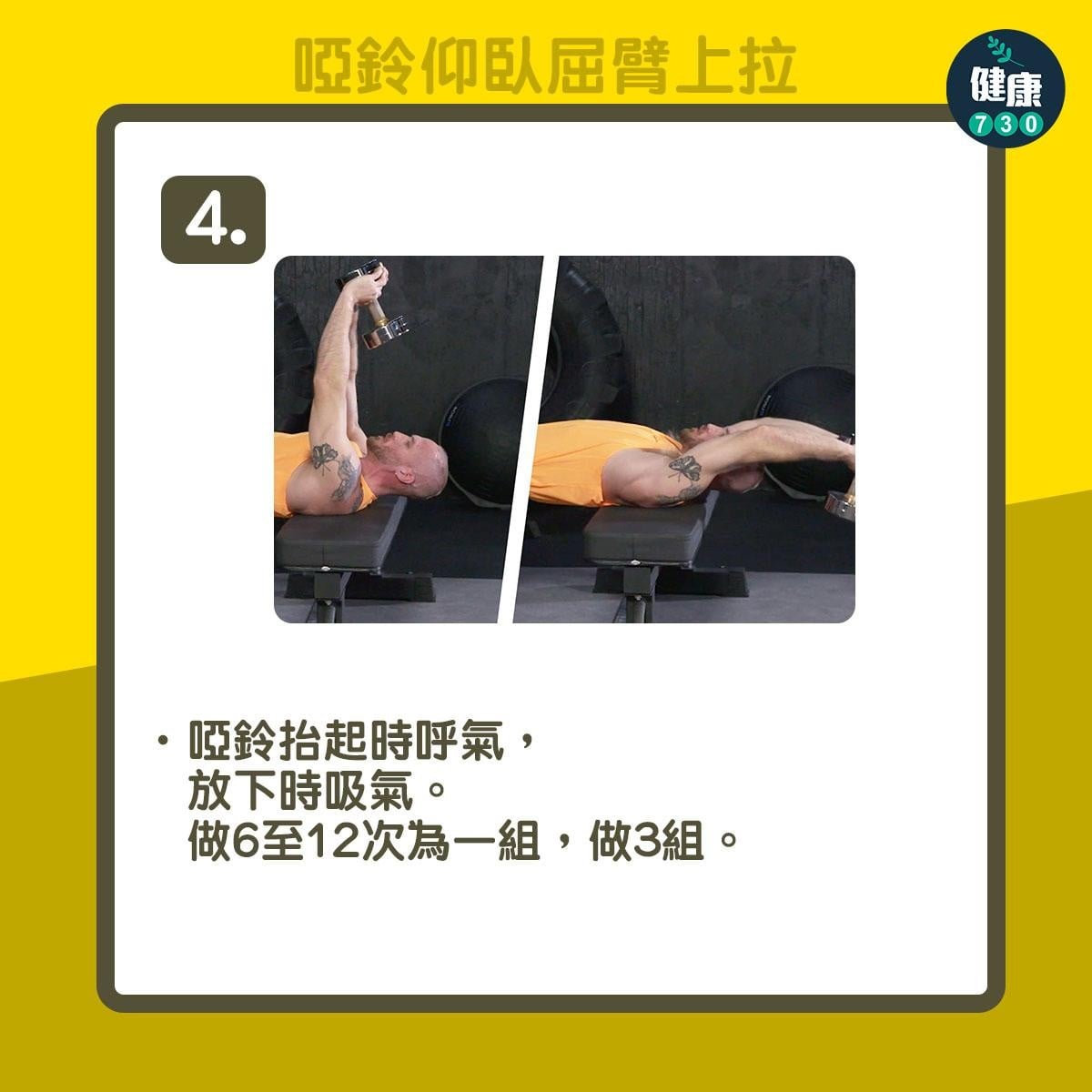 健身操胸肌|啞鈴仰臥屈臂上拉(am730製圖)