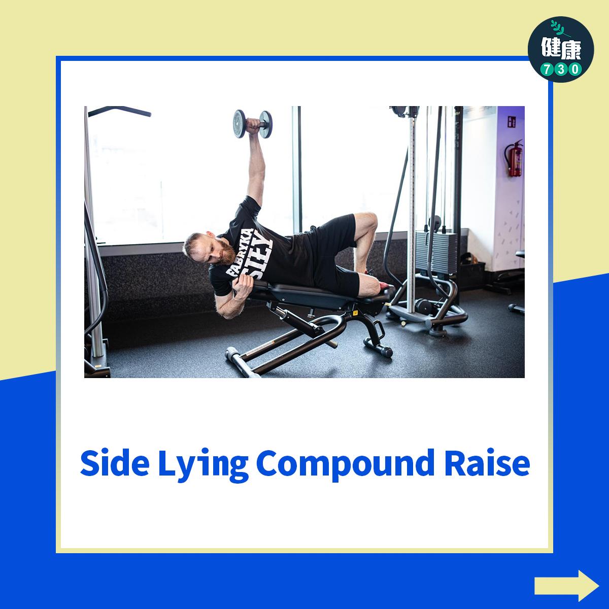 健身|肩膊三角肌,Side Lying Compound Raise(am730製圖)