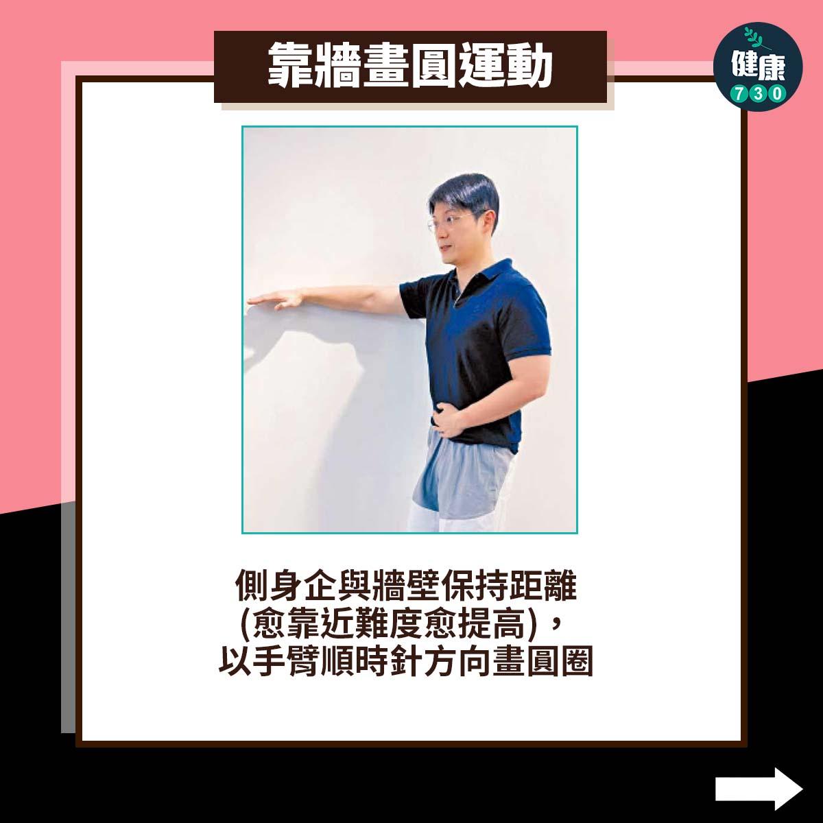 側身企與牆壁保持距離(愈靠近難度愈提高),以手臂順時針方向畫圓圈