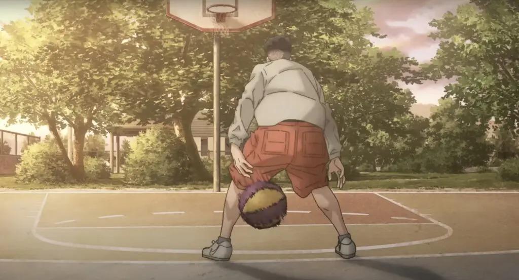 《The First Slam Dunk》中,宮城良田長大後,再次回到小時候打籃球的球場。(《The First Slam Dunk》預告片截圖)