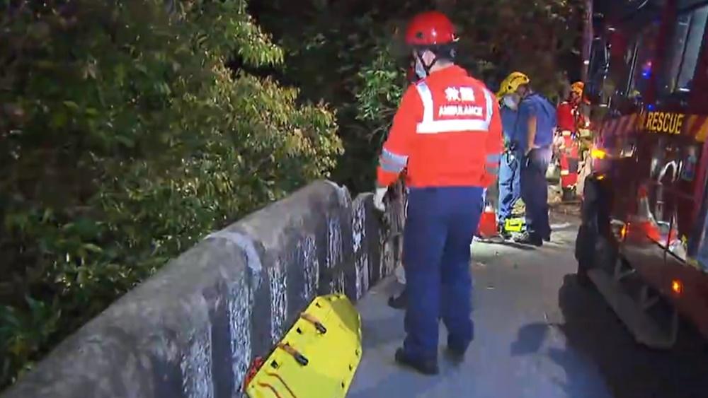 一輛載客的士沿馬己仙峽道落斜,途至嘉慧園對開時,懷疑失控衝落20米深山坡。(電視截圖)