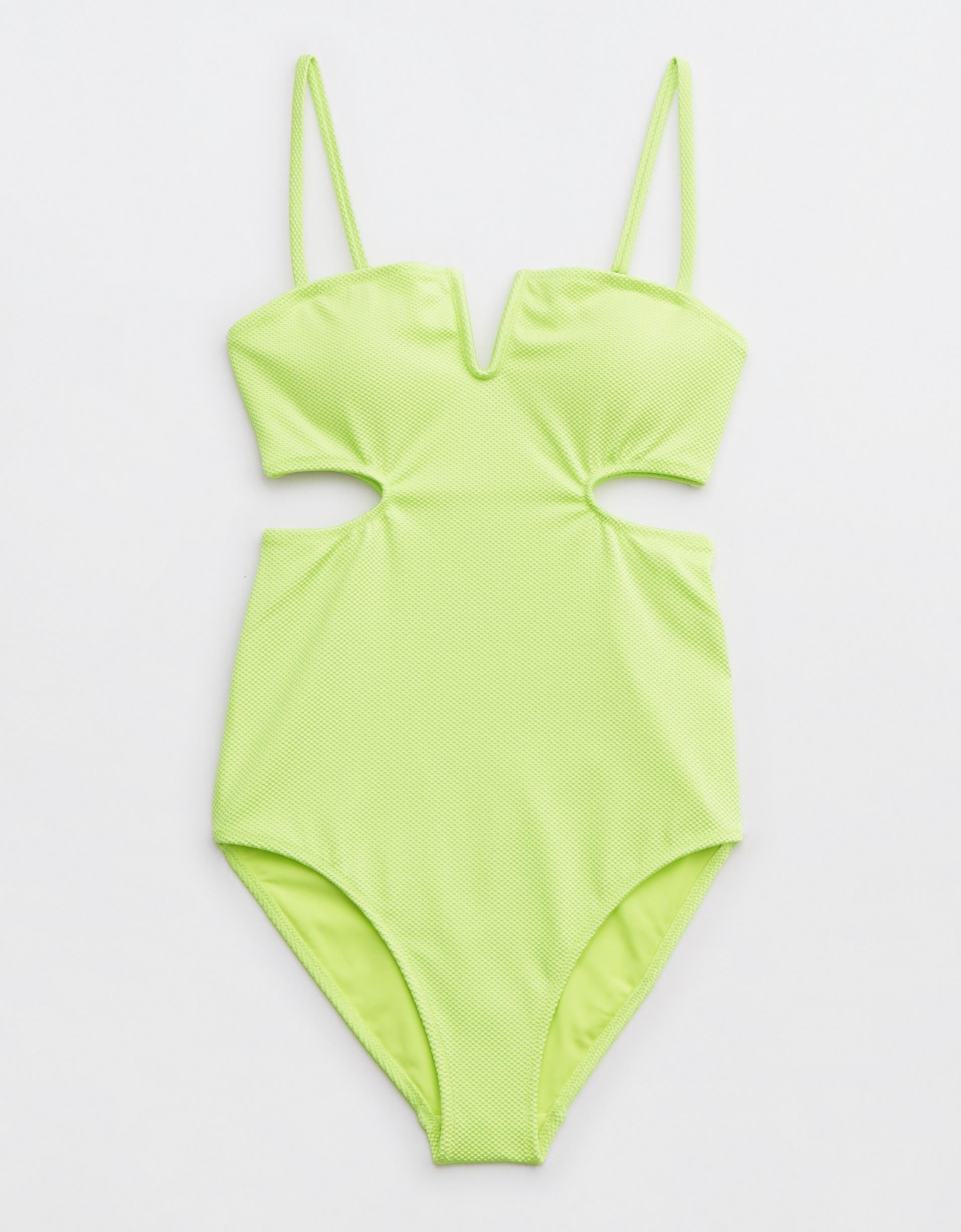 Aerie 光澤感珠地布 V字鋼圈鏤空一件頭泳衣 $490