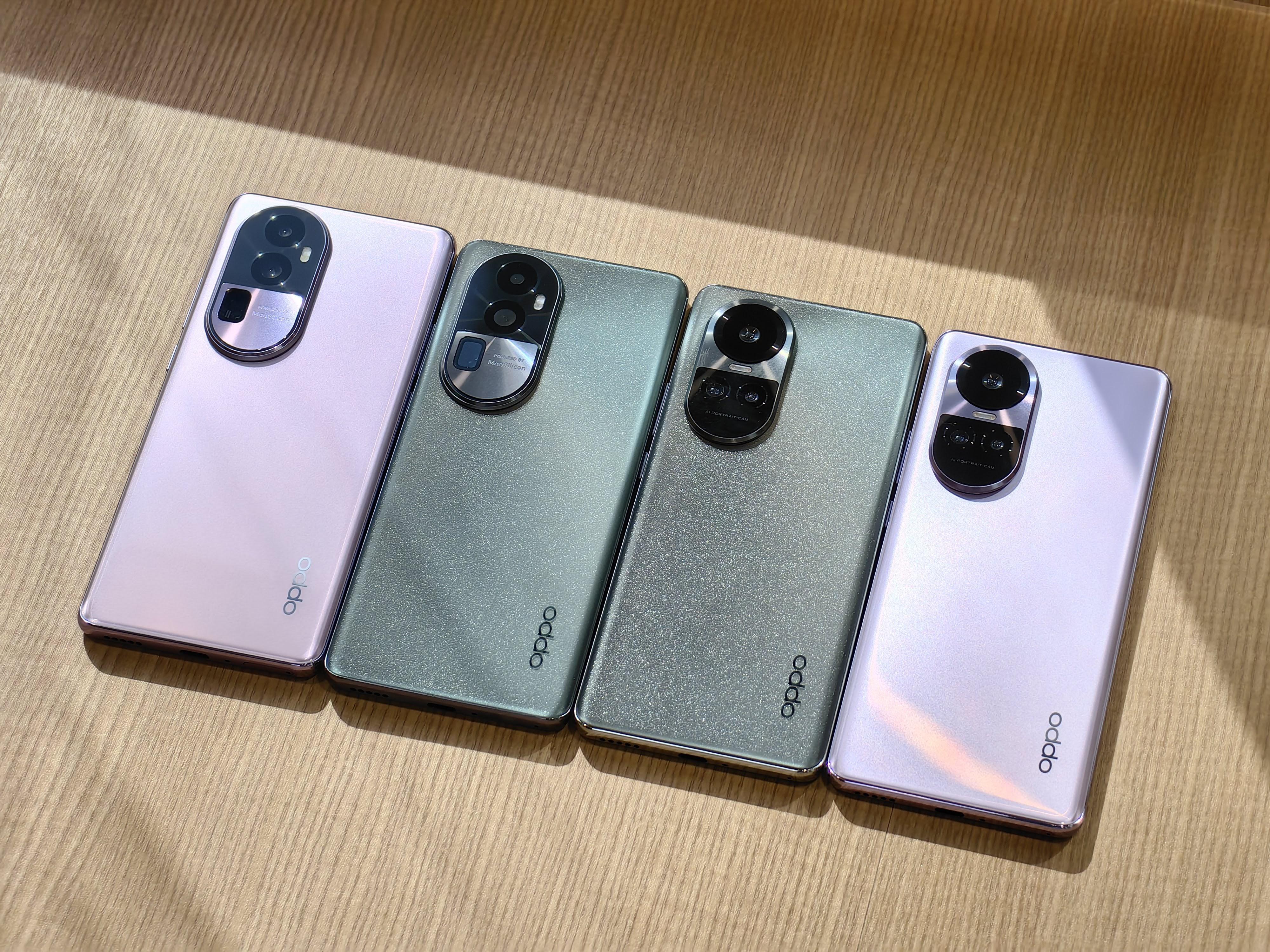 Reno10 Pro+ 5G(左一及二)和Reno10 Pro 5G(右一及二)均為6.7吋手機,分別提供銀灰色及釉紫色機身。