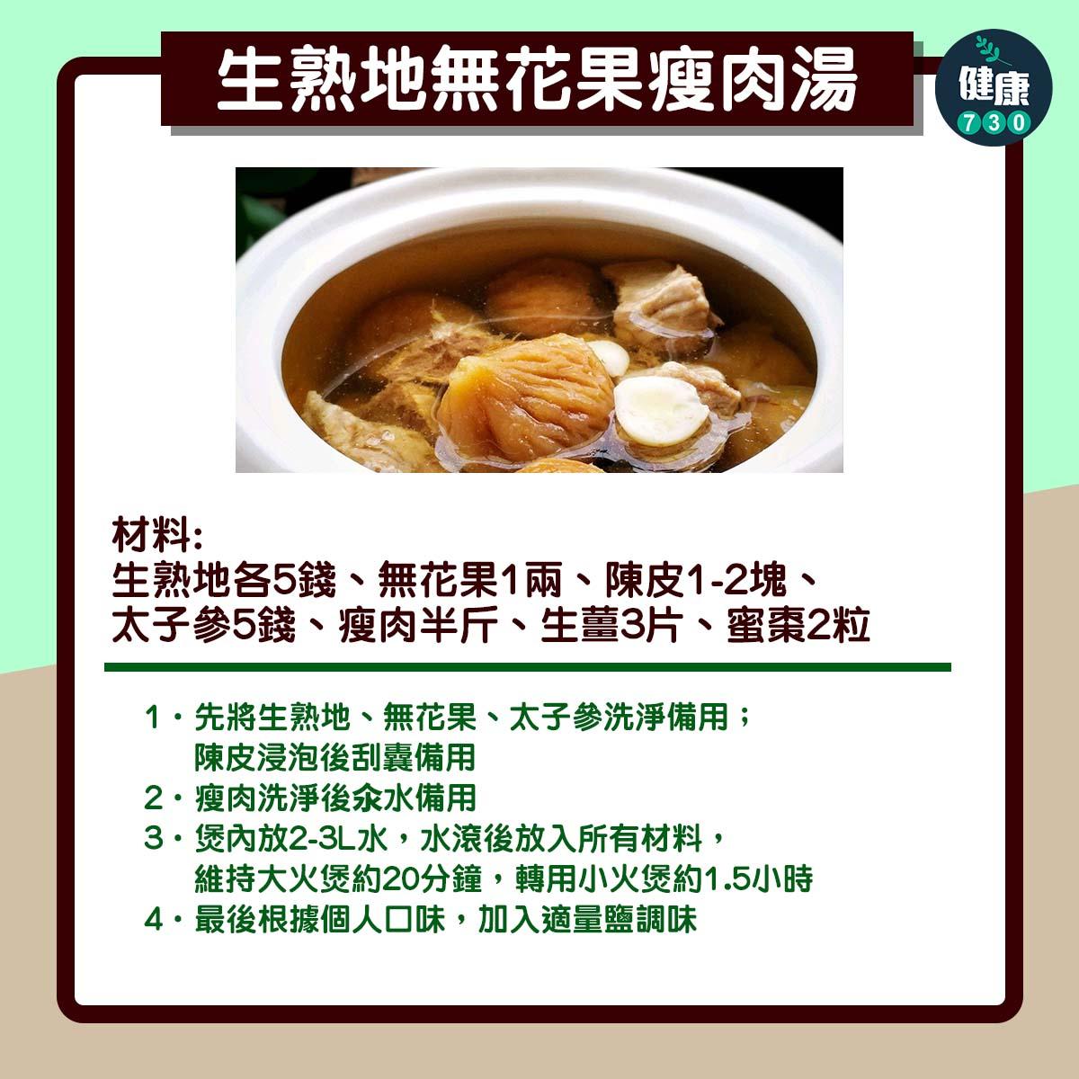 時令湯水|生熟地無花果瘦肉湯可預防便秘、石斛百合雪耳豬展湯養顏(am730製圖)