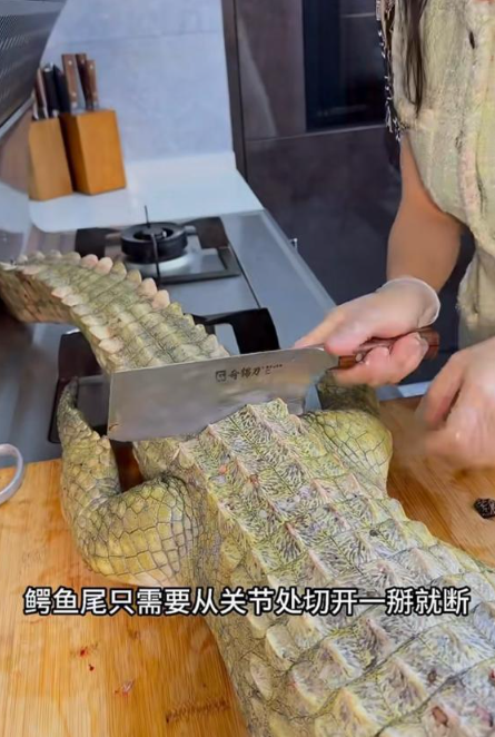 在煮原條鱷魚的片中,就由將整條鱷魚放在水龍頭下清洗開始拍攝,再到逐個部位切開及落鑊開始煮。(圖片來源:小紅書)