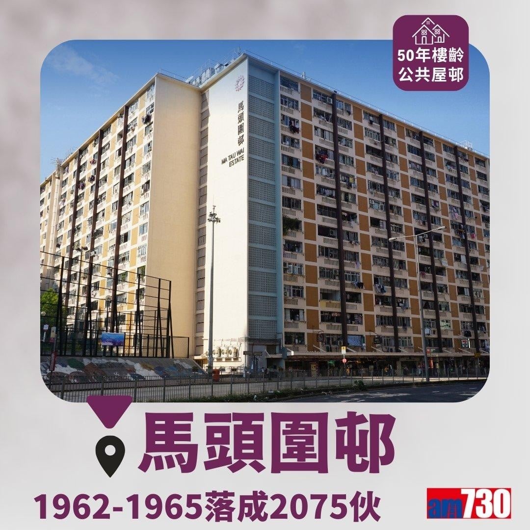 達50年樓齡的香港公共屋邨包括彩虹邨、華富邨、福來邨等(am730製圖)