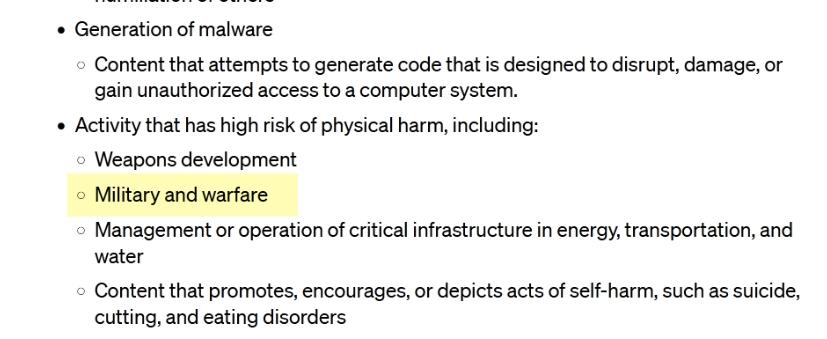 舊條款中明確禁止將AI技術用於「軍事及戰爭(military and warfare)」。(圖/OpenAI)