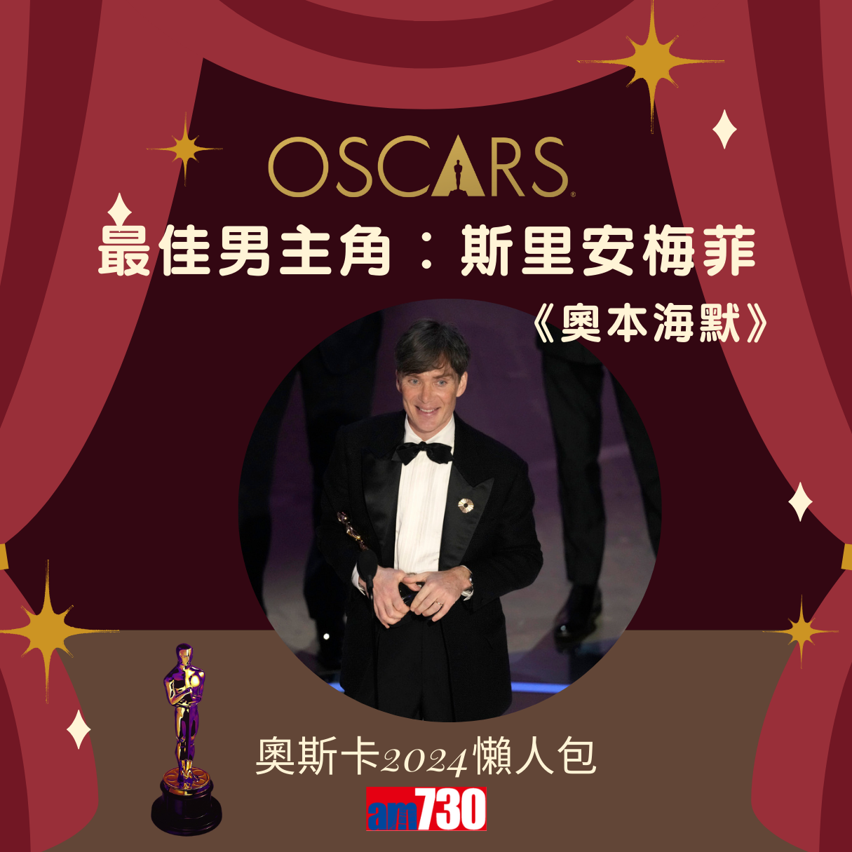 奧斯卡金像獎2024得獎名單,《奧本海默》成最佳電影 路蘭膺最佳導演 愛瑪史東Emma Stone榮獲影后(am730製圖)