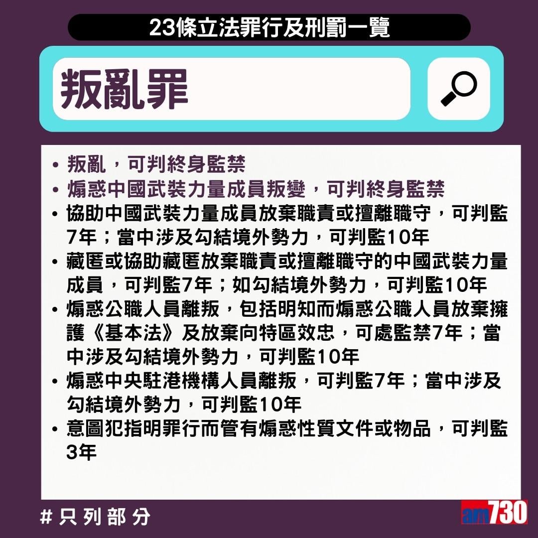 23條立法懶人包|3月23日生效,叛亂罪(am730製圖)