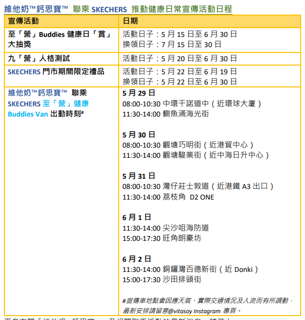 維他奶™鈣思寶™ 聯乘 SKECHERS 推動健康⽇常宣傳活動⽇程