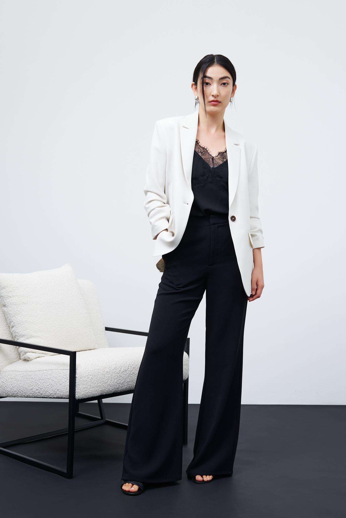 Lace Cut Out Camisole Top (Black), Yuna Tailored High Rise Pants from Signatures (Black) and Rachel Ruched-Ready Blazer (Ivory) from Signatures