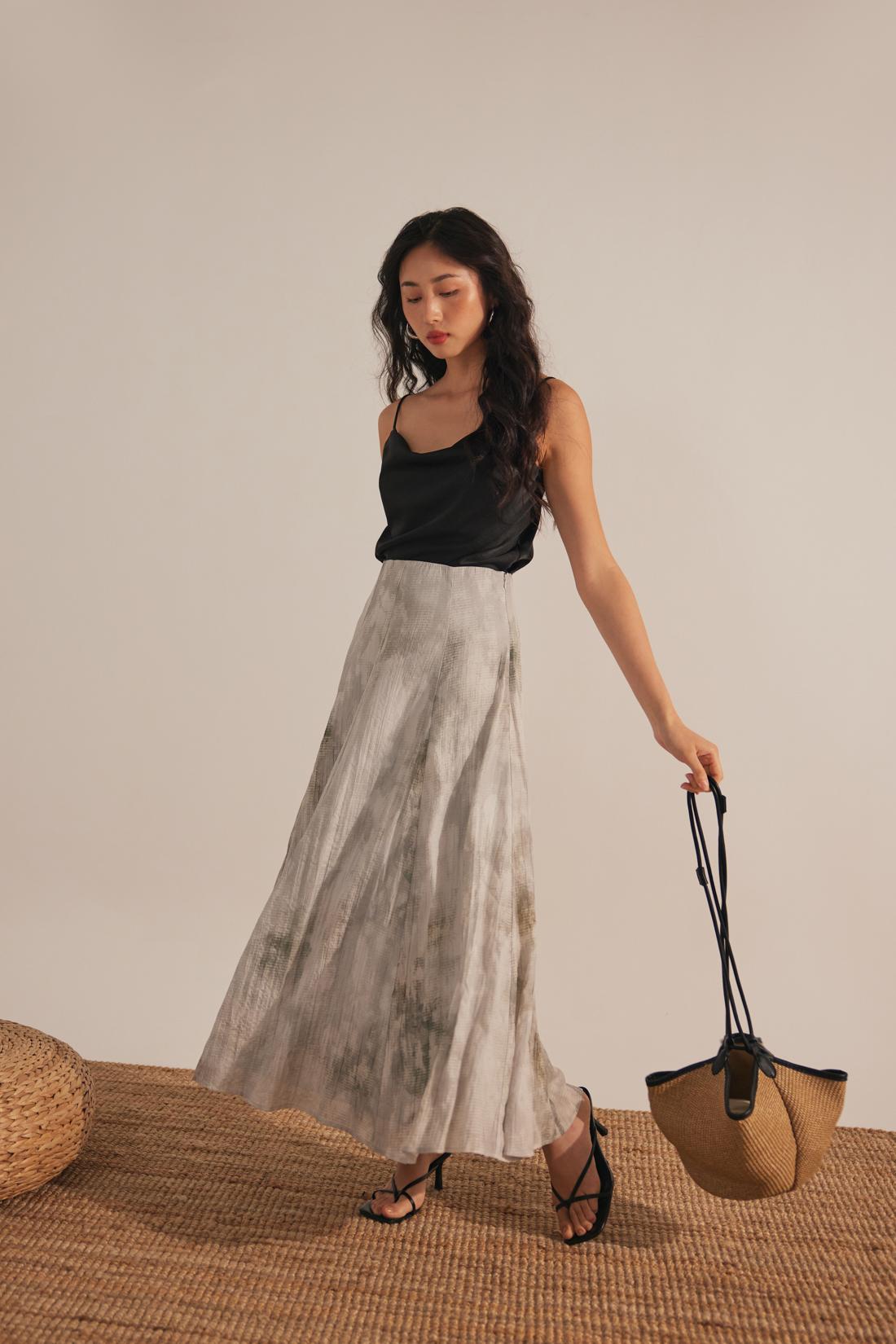 Sophia Cowl Neck Camisole Top (Black) from Signatures and Abstract Flare Midaxi Skirt (Light Grey)