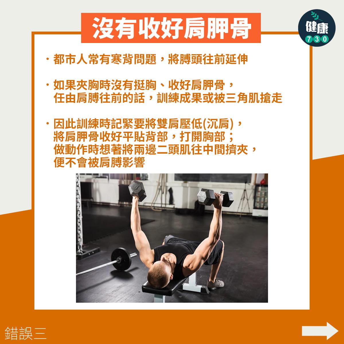 胸肌訓練|4個錯誤影響健身效果,沒有收好肩胛骨。(am730製圖)