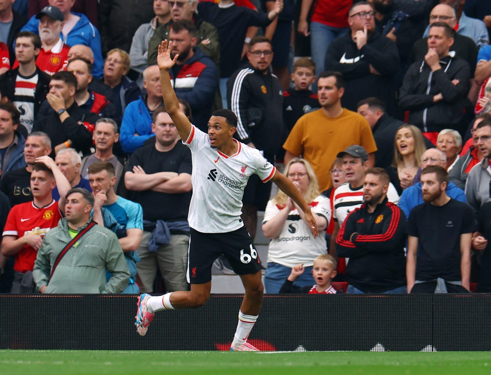 英超|曼聯利物浦,利物浦阿歷山大阿諾特(Trent Alexander-Arnold)7分鐘入球被VAR指越位在先。(路透社)