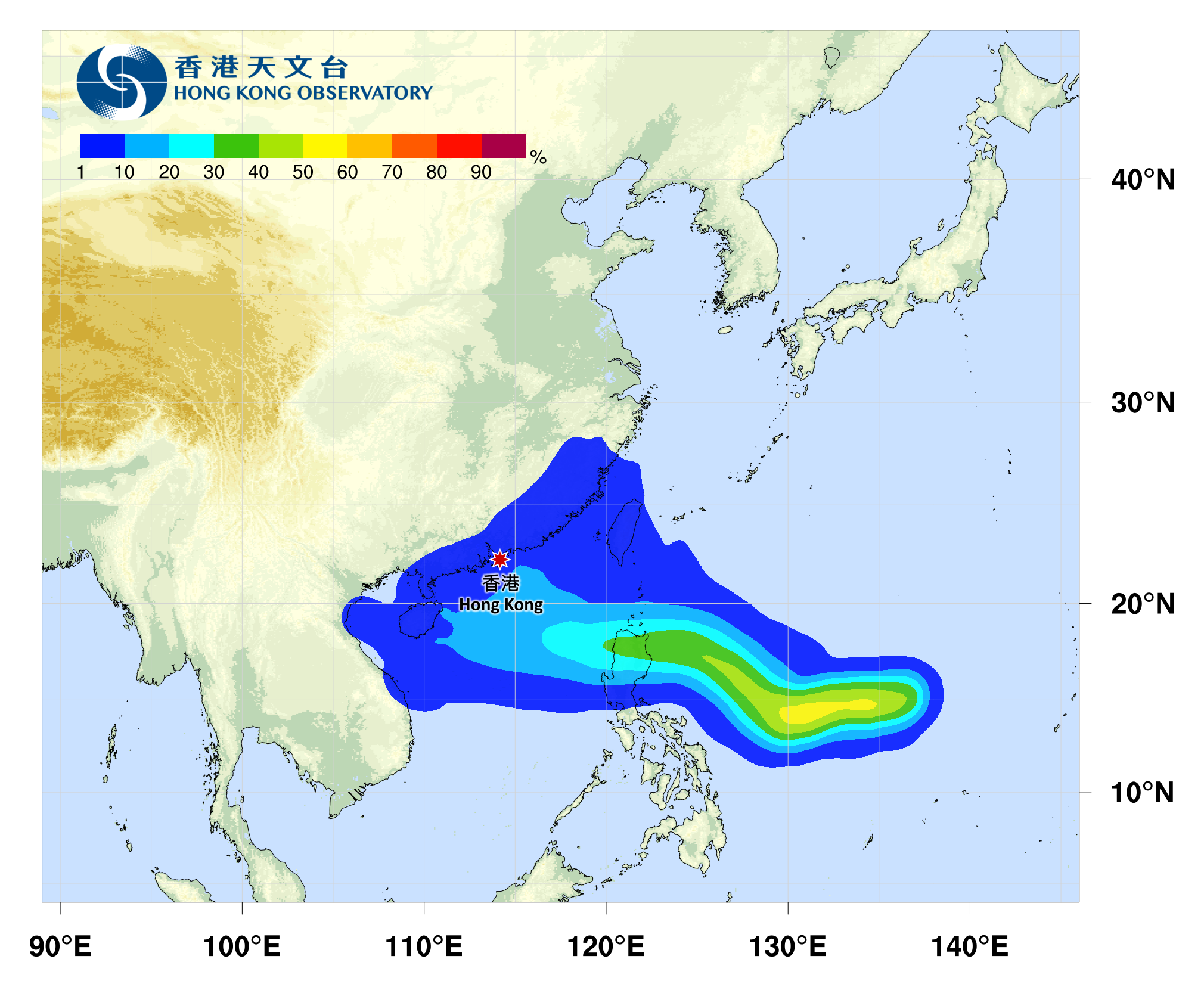 天文台路徑概率預測。(天文台網圖)