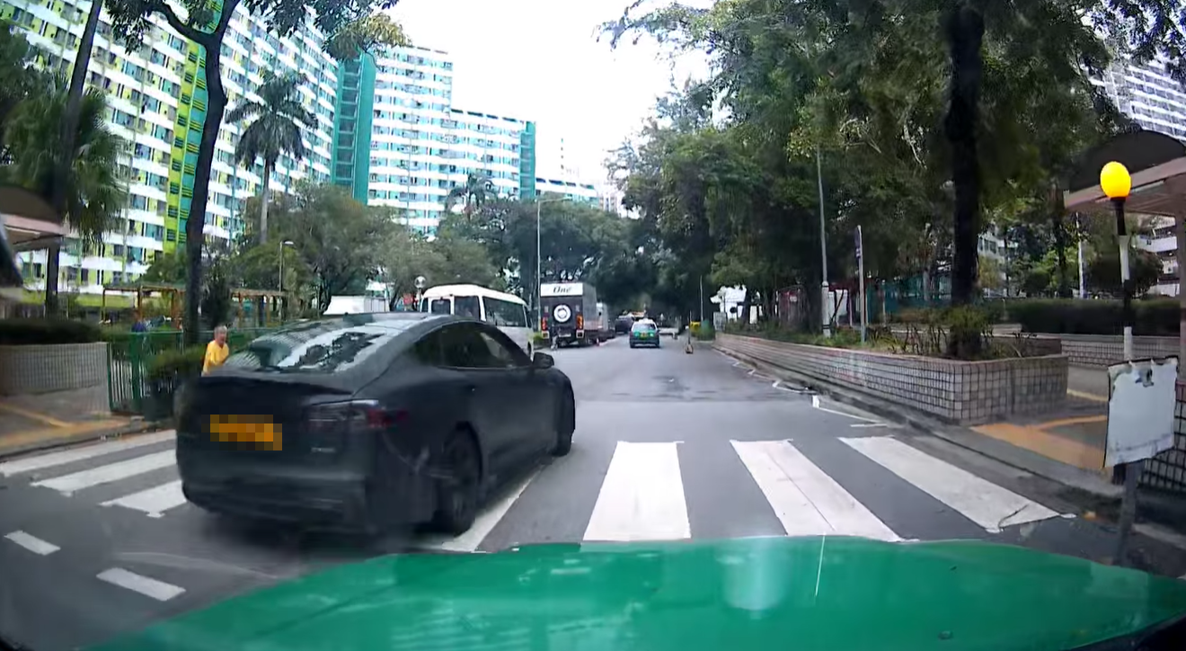 車Cam直擊|老婦斑馬線過路 屯門Tesla照衝險撞人 74歲司機被票控 (網上影片截圖)