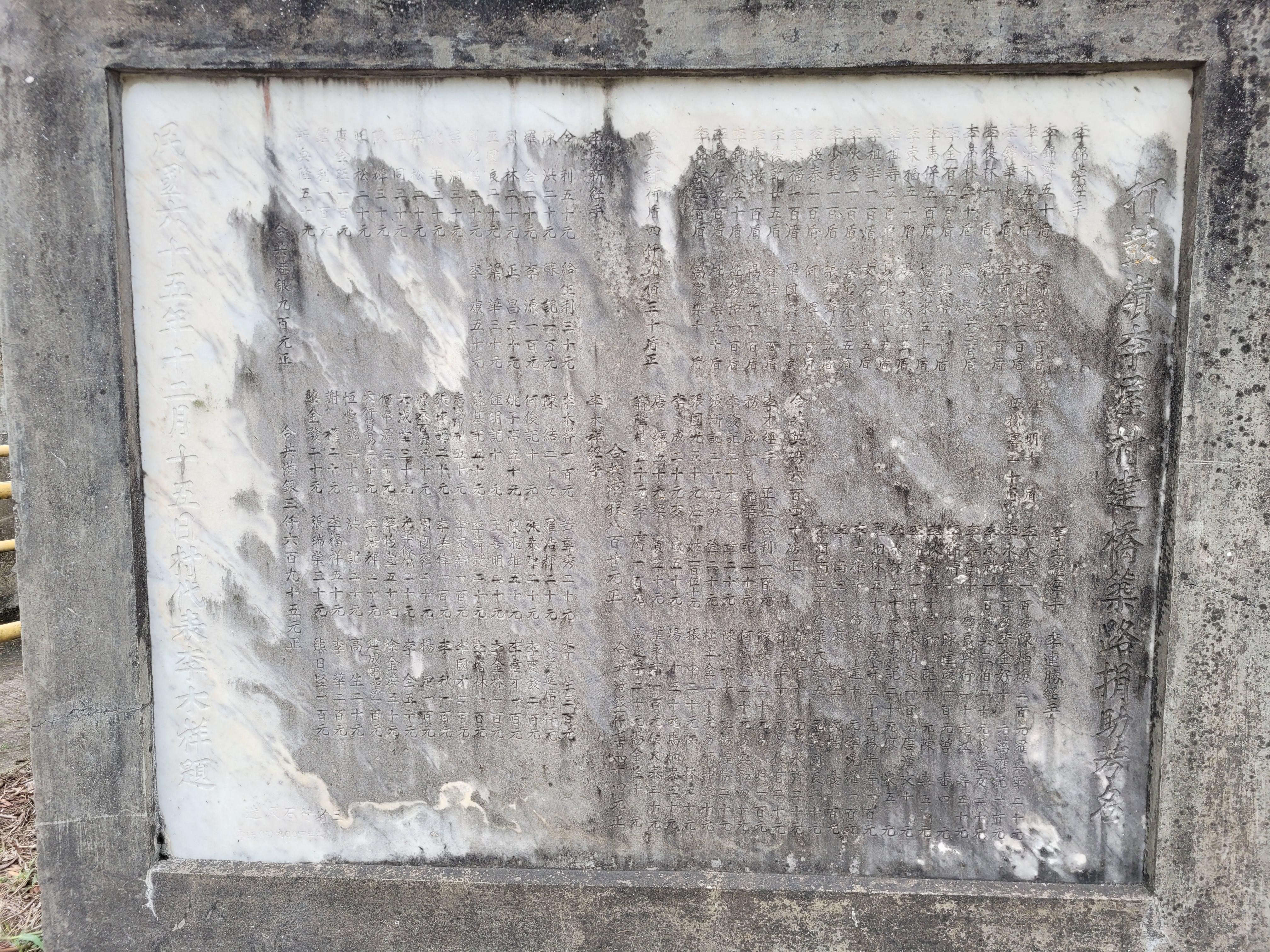 打鼓嶺李屋村建橋築路捐助芳名碑，可見荷蘭盾及英鎊捐款（受訪者提供）