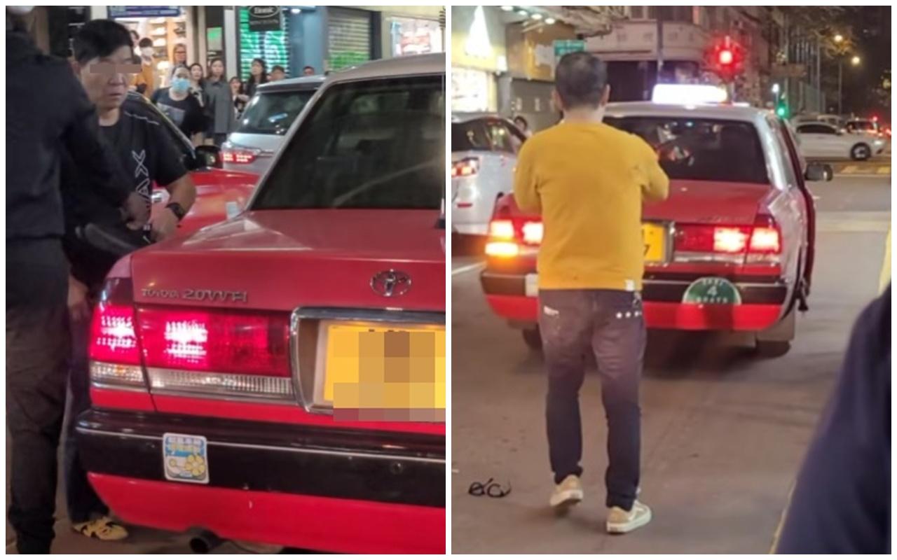 的士司機反問黃衣男「你做咩打我塊鏡呀?」同時又拾起遺留在路邊的一對鞋。(FB/的士司機資訊網 Taxi)
