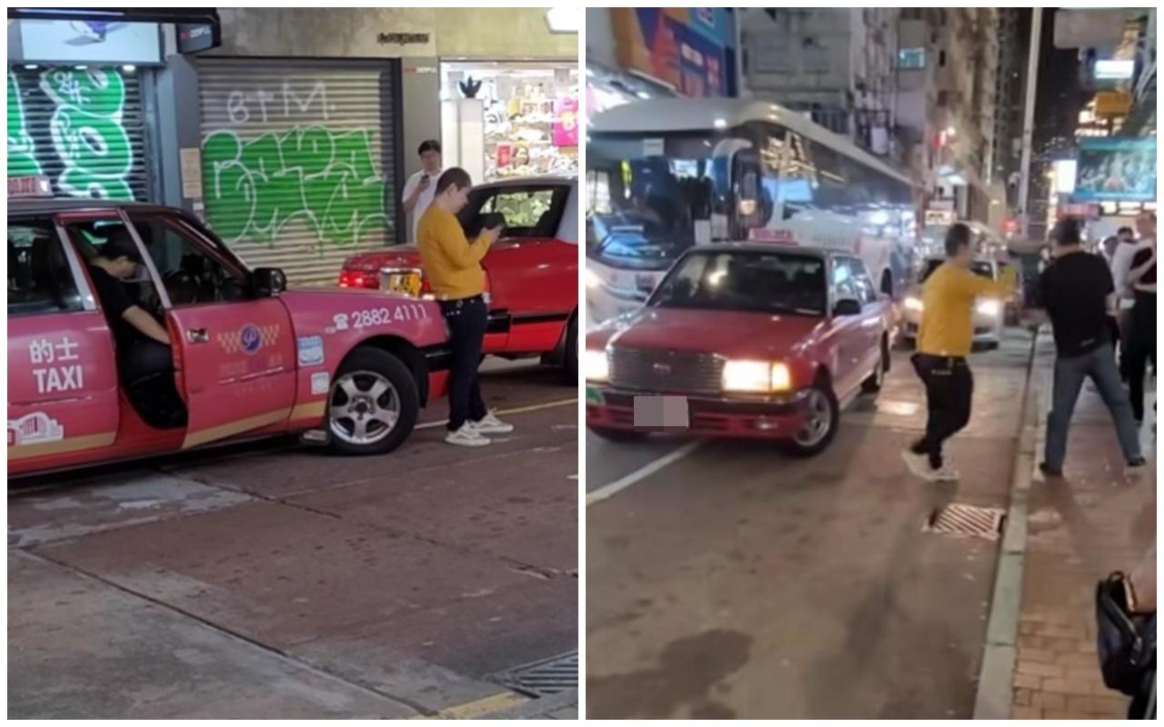 的士司機登上的士將車泊在路邊,黃衫漢上前靠在的士車頭打電話。黃衫漢以粗言穢語指罵的哥,並出手推撞對方。(FB/的士司機資訊網 Taxi)