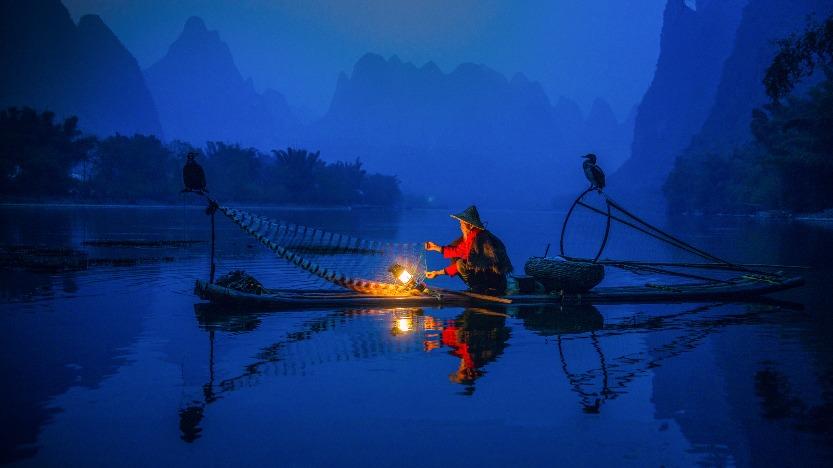 竹排漁火、蓑衣斗笠、鸕鷀捕魚......在灕江的山水之間,形成一幅美麗的自然畫卷。(圖片來源:視覺中國)